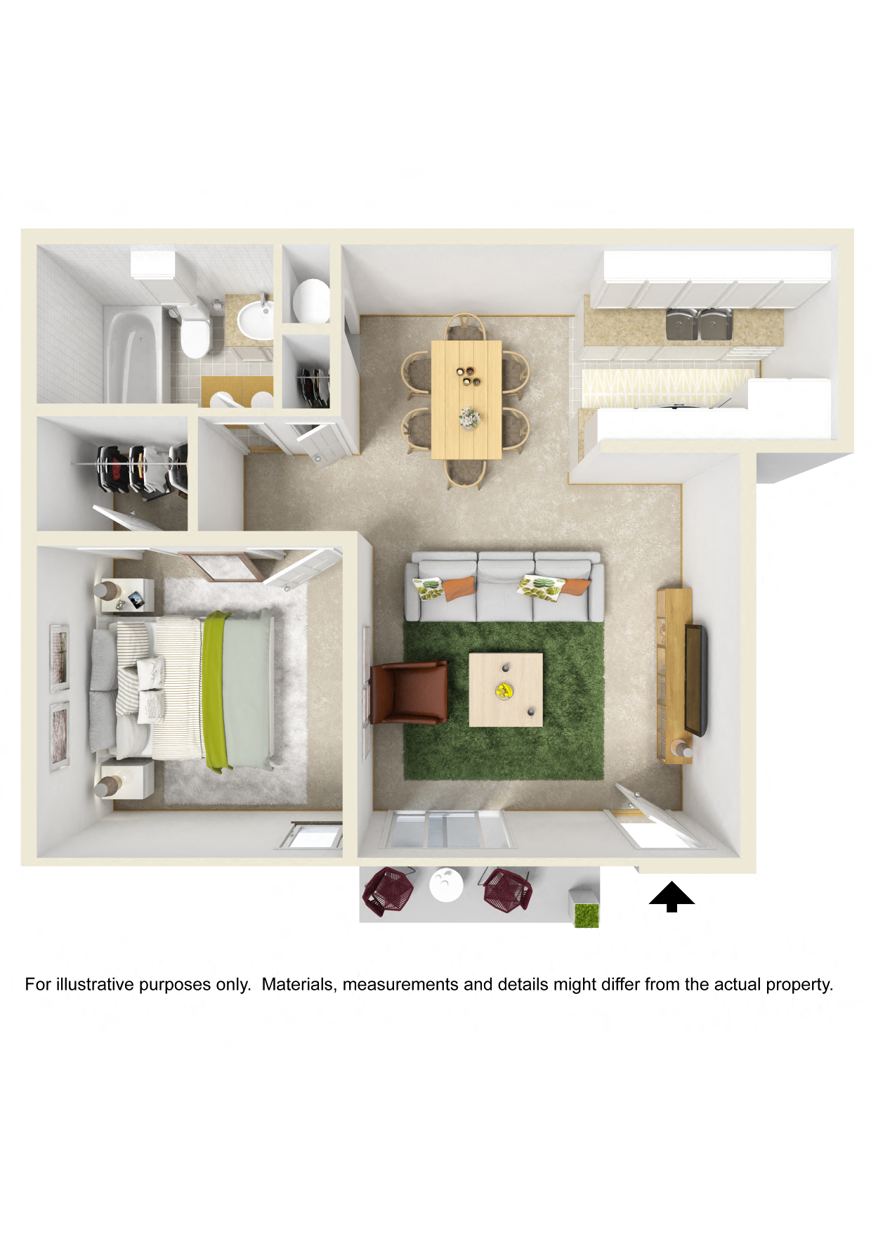 Floor plan for 1 bed, 1 bath, 700 sqft